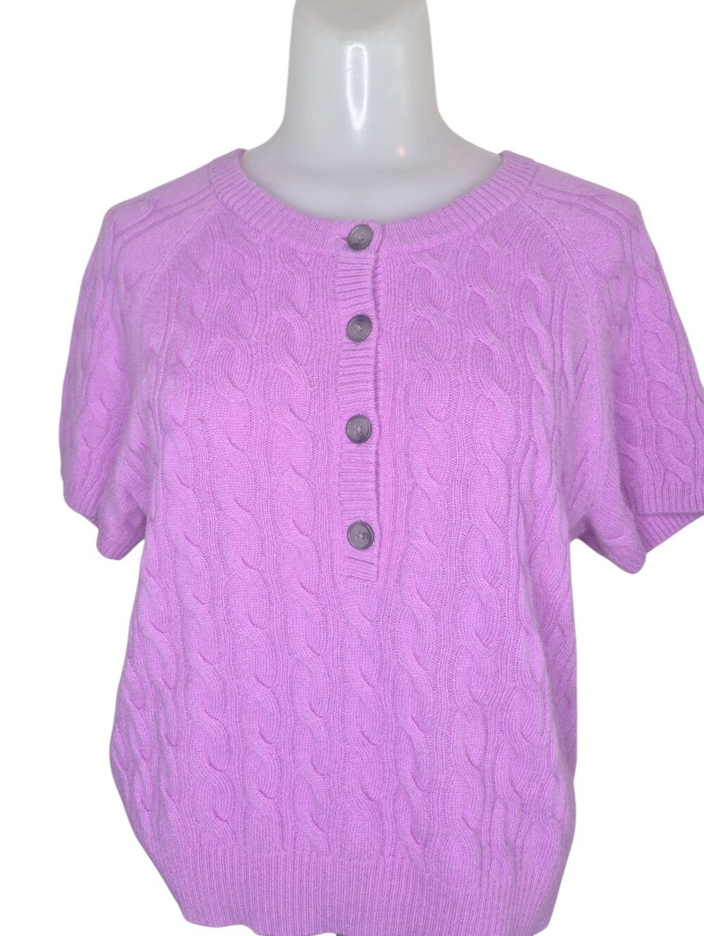 J. Crew Cashmere Henley Cable-Knit Short Sleeve Sweater M Lavender
